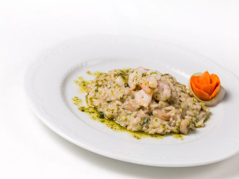 Risotto with Bronte DOP pistachio pesto and Mazzara prawns