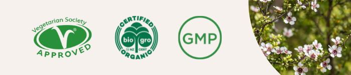 Badges of vegetarian approved, bigrow organic certification and GMP