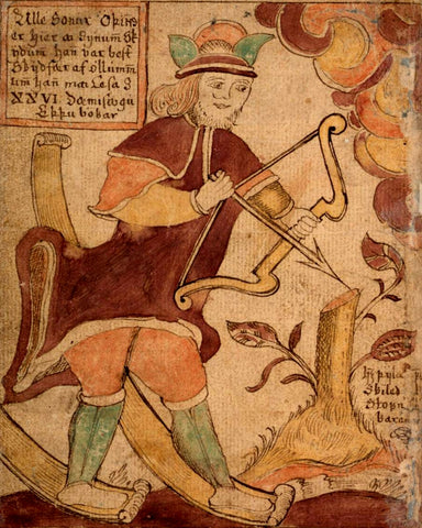 Image depicting Ullr, the God of Oaths, on skis and wielding a bow, as seen in an 18th-century Icelandic manuscript.