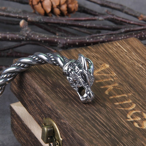 Old Nordic Viking Bracelet - Norse Styled Arm Ring with Dragon Head Ornaments on Either End