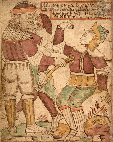 Baldr's death is portrayed in this illustration from an 18th-century Icelandic manuscript.