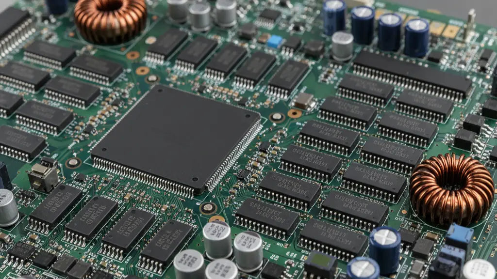 Imagem de um PCB de placa de vídeo, com todos os componentes eletrônicos