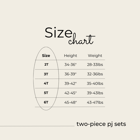 Two-Piece PJ Set Size Chart