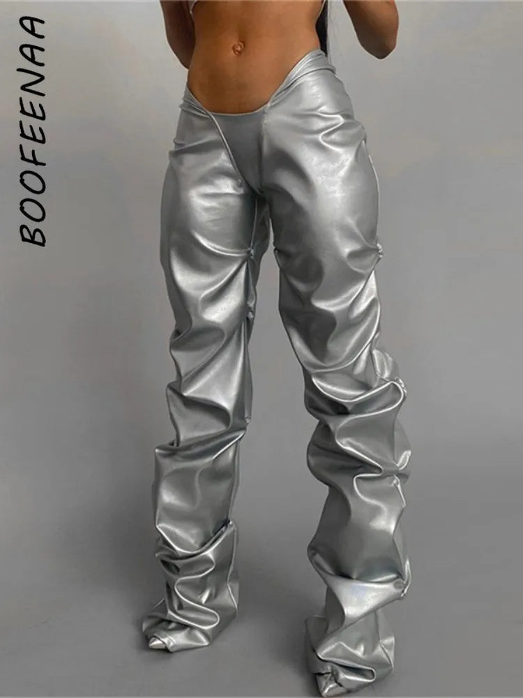 BOOFEENAA Sexy Metallic PU Faux Leather Pants Black Silver Streetwear Women Fall Clothing Low Rise Ruched Stacked Pants C87-DD34
