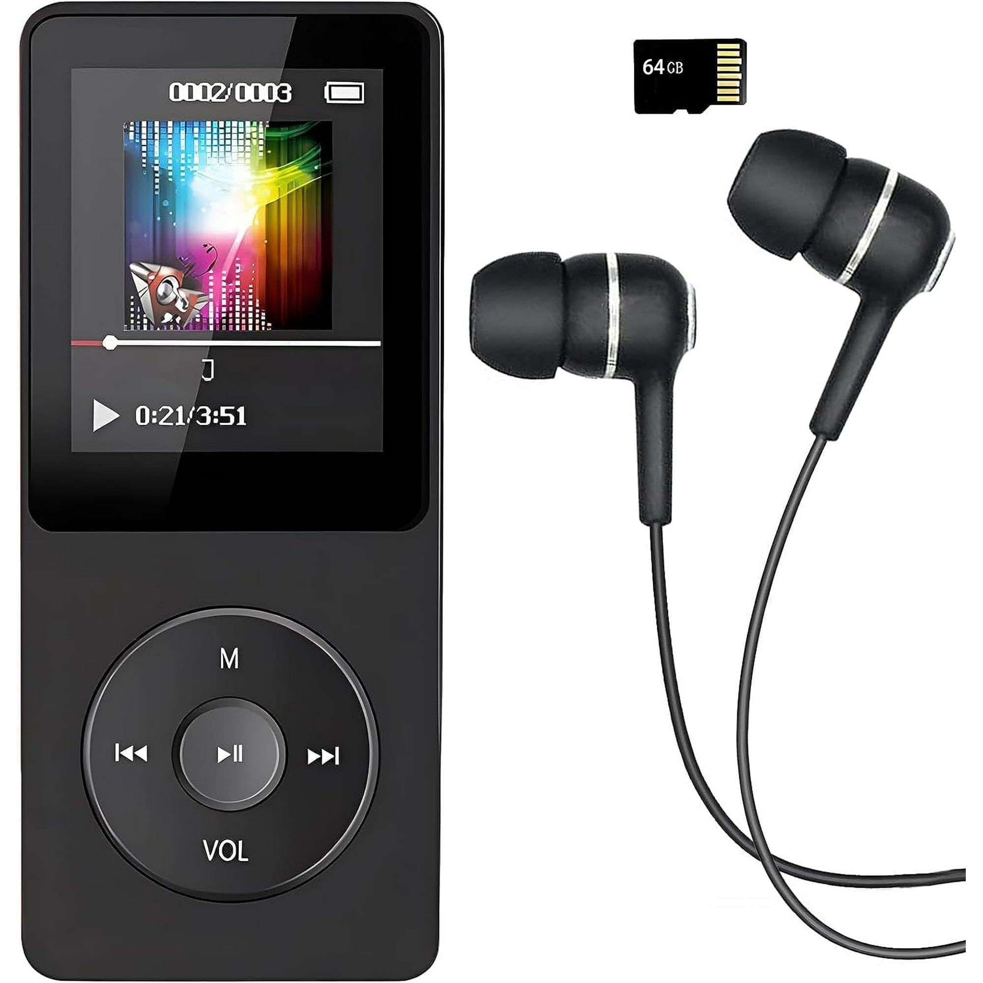 MP3 Player, Music Player with 64GB Micro SD Card, Earphone,Build-in Speaker/Photo/Video Play/FM Radio/Voice Recorder/E-Book Reader, Supports up to 128GB for Kids,Running,Walking