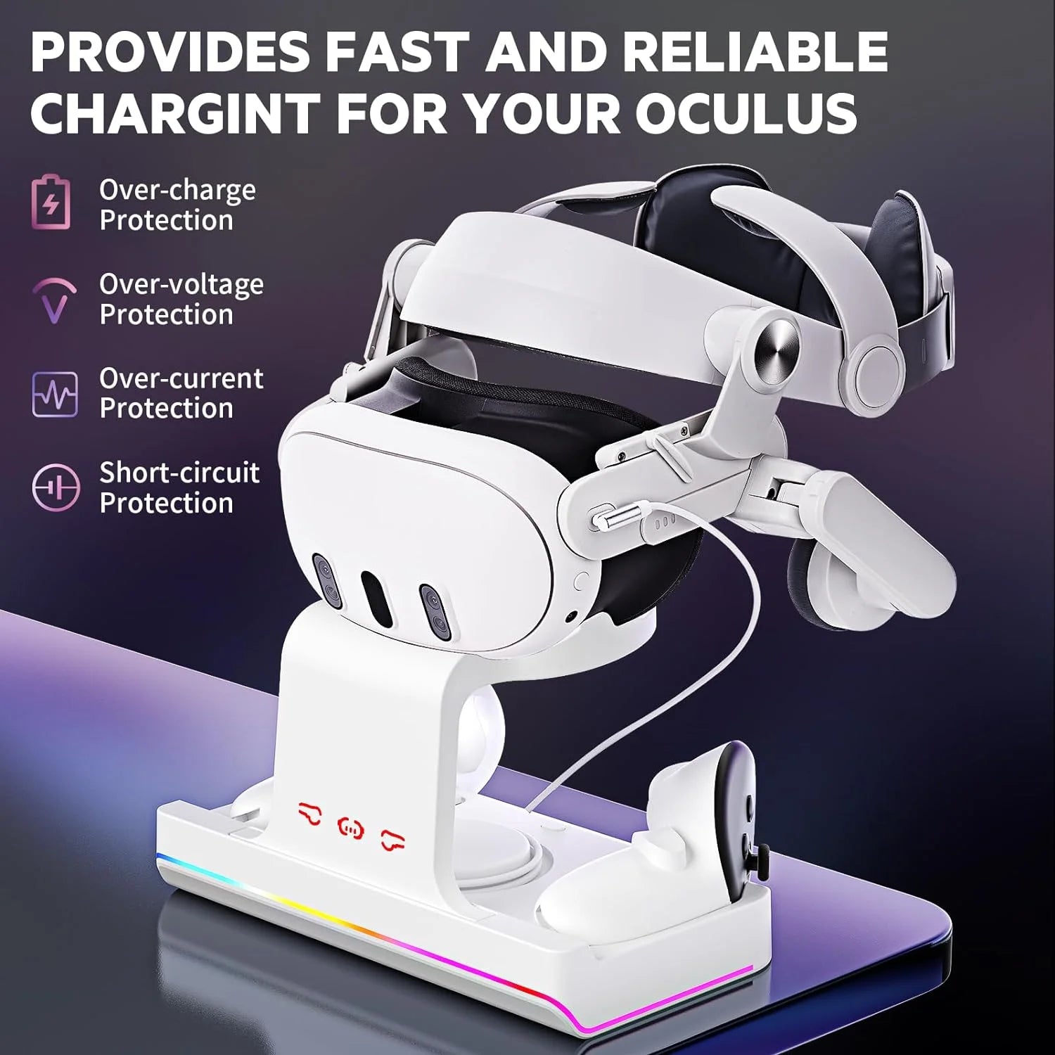 Charging Dock for Oculus/Meta Quest 3- Magnetic Docking Station with LED Light - Headset Display Stand and Controller Mount, 2 * 1800Mah Rechargeable Batteries White