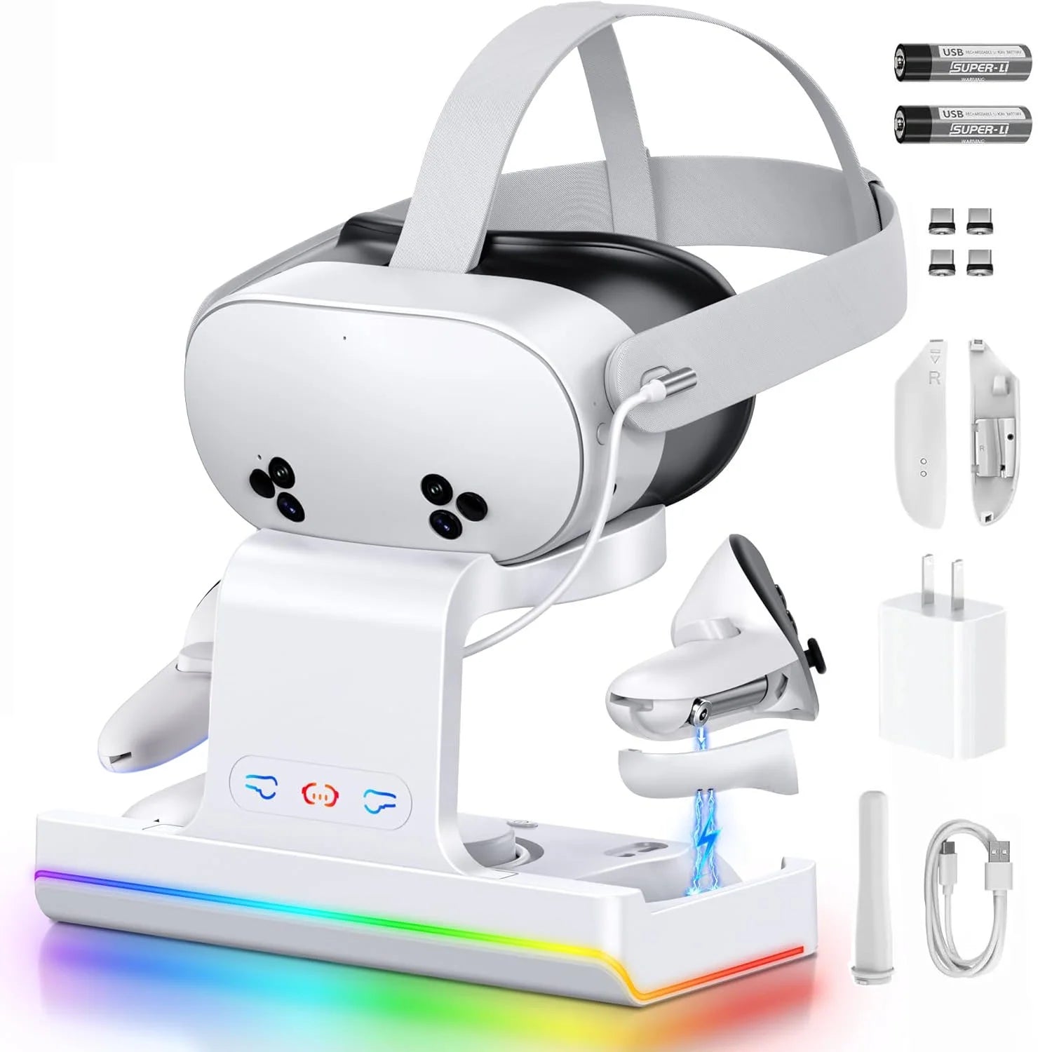 Charging Dock for Meta Quest 3S, VR Headset & Controllers Charging Stand with RGB LED Light, VR Accessories with 2 Rechargeable Batteries for Oculus Quest 3S, Fast Charging Station