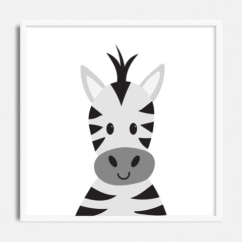 Framed zebra art print, showing just the face and shoulders, illustrated in a clean, simple, kid-friendly style.