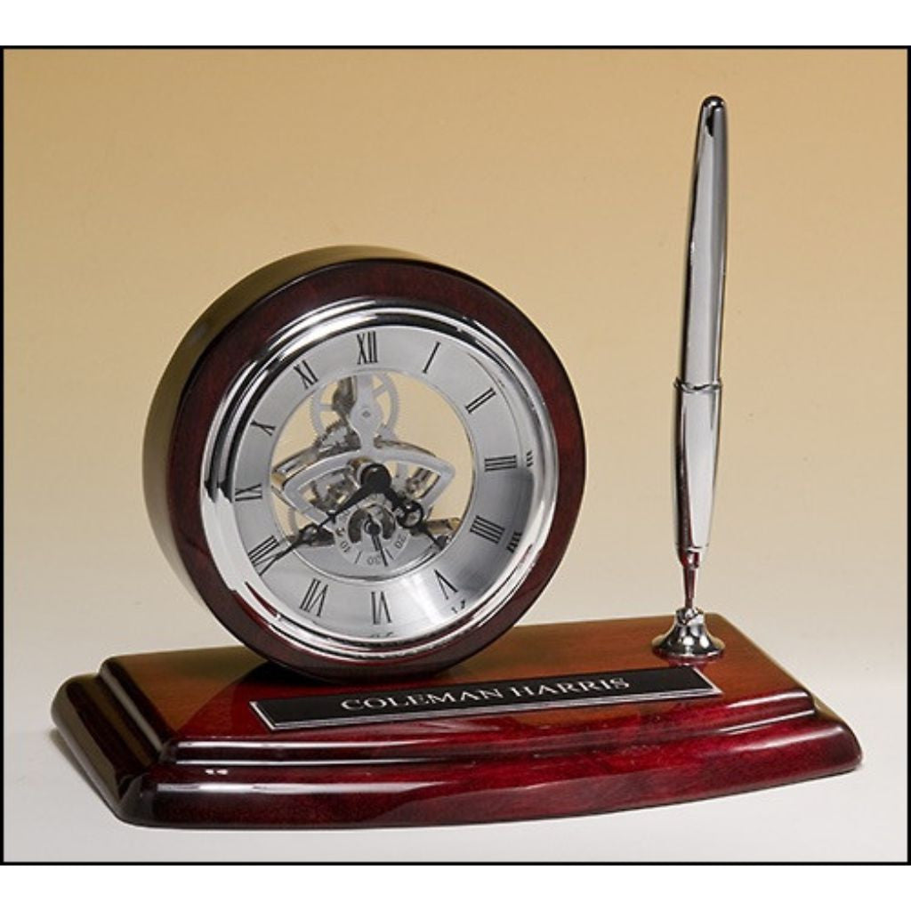 Skeleton Desk Clock Silver Movement And Pen With Rosewood Piano Finis