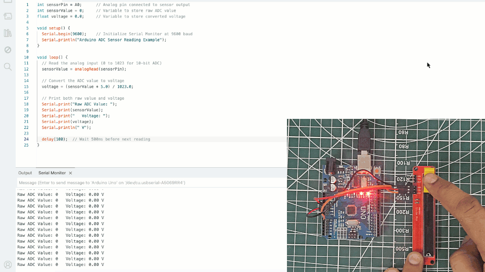 The ADC data read from the potentiometer is converted to voltage. It is then logged back to the serial console.