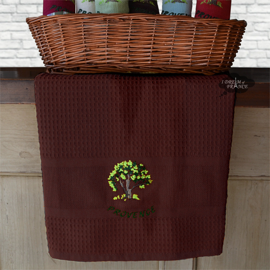 Provence Olive Tree Burgundy Waffle-Weave Kitchen Towel by Coton Blanc