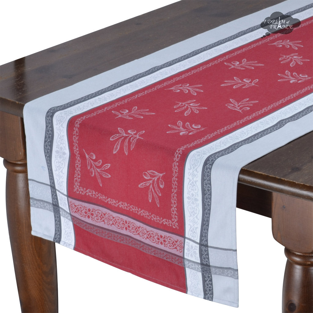 20x64 Olivia Gray Red Jacquard Cotton Table Runner By Tissus Toselli French Tablecloths And Tea Towels