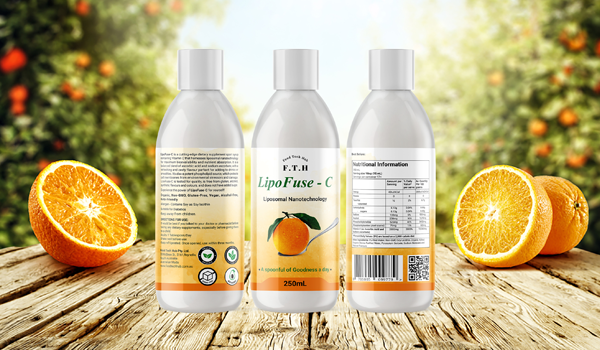 3 bottles of liposomal vitamin-c lipofuse-c on the wooden table in an orchard
