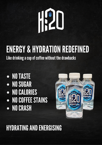 Image showing 3 bottles of Hi2O Caffeinated water along with the benefits