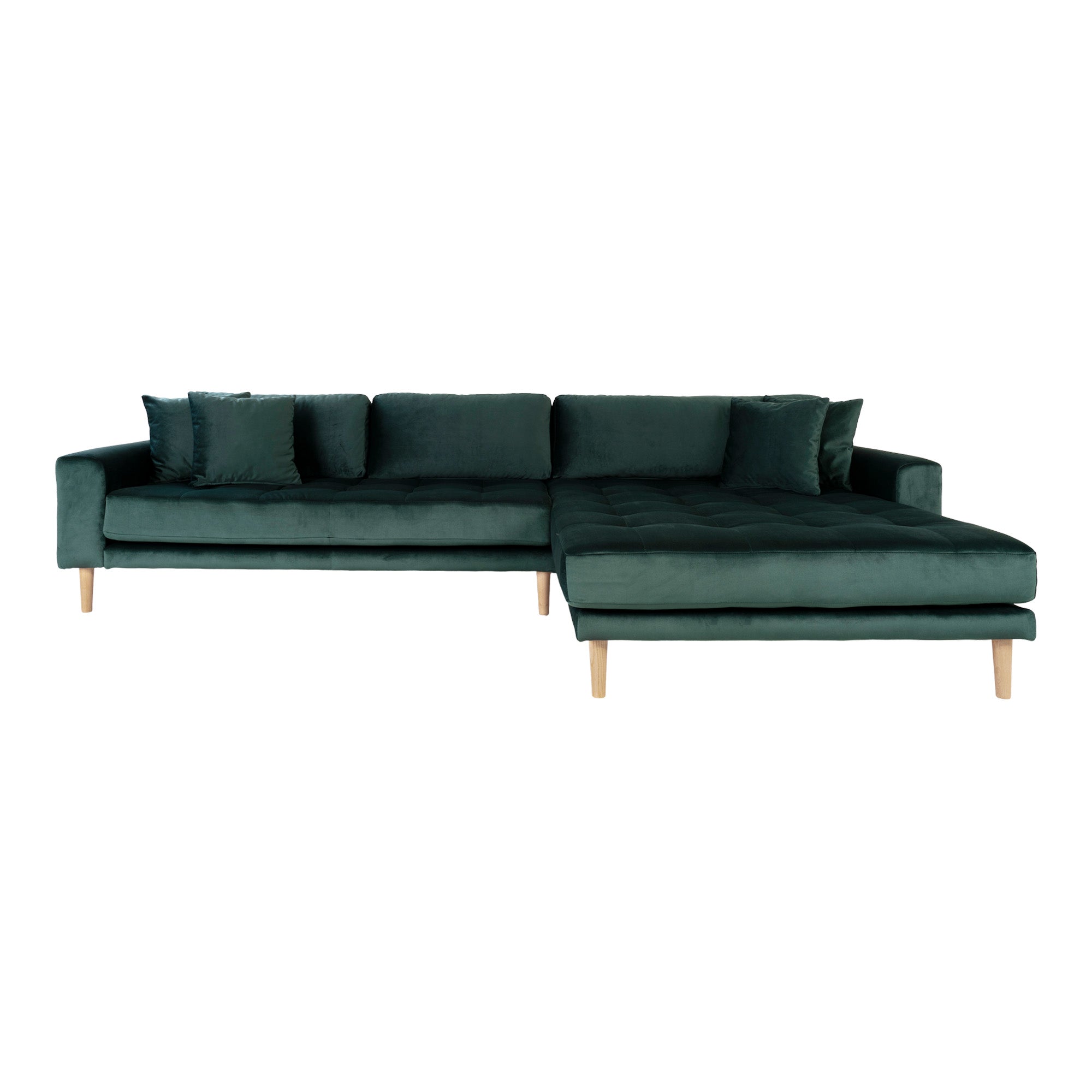 Billede af Lido Lounge Sofa - Lounge Sofa, Højrevendt I Mørkegrøn Velour Med Fire Puder Og Natur Træben, Hn1006