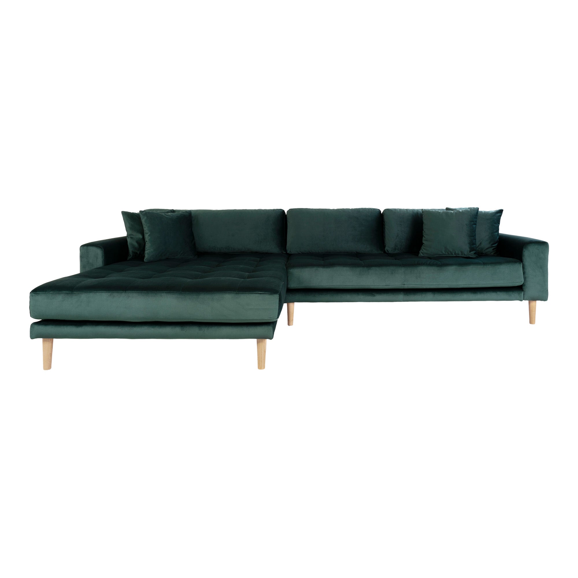 Billede af Lido Lounge Sofa - Lounge Sofa, Venstrevendt I Mørkegrøn Velour Med Fire Puder Og Natur Træben, Hn1006