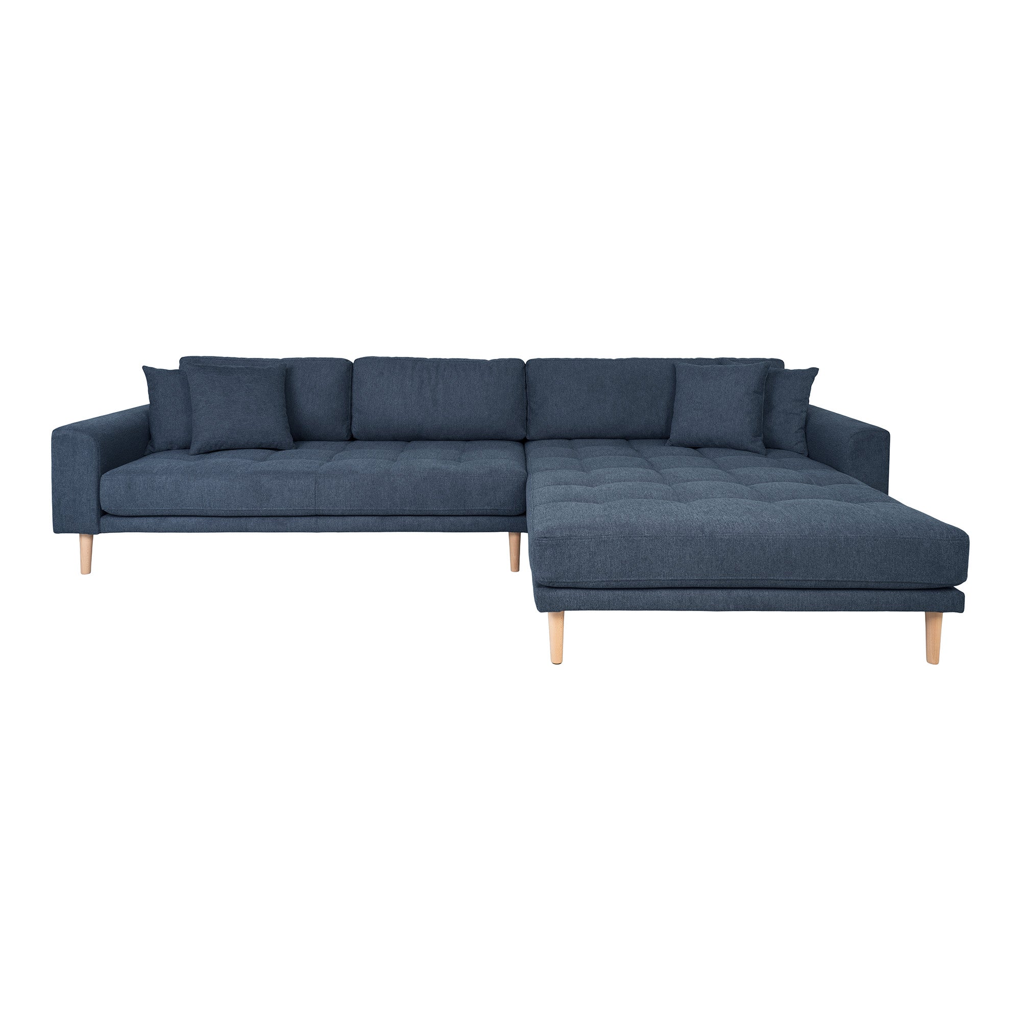 Se Lido Lounge Sofa - Lounge Sofa, Højrevendt I Mørkeblå Med Fire Puder Og Natur Træben, Hn1035 hos Billige Bolig Møbler