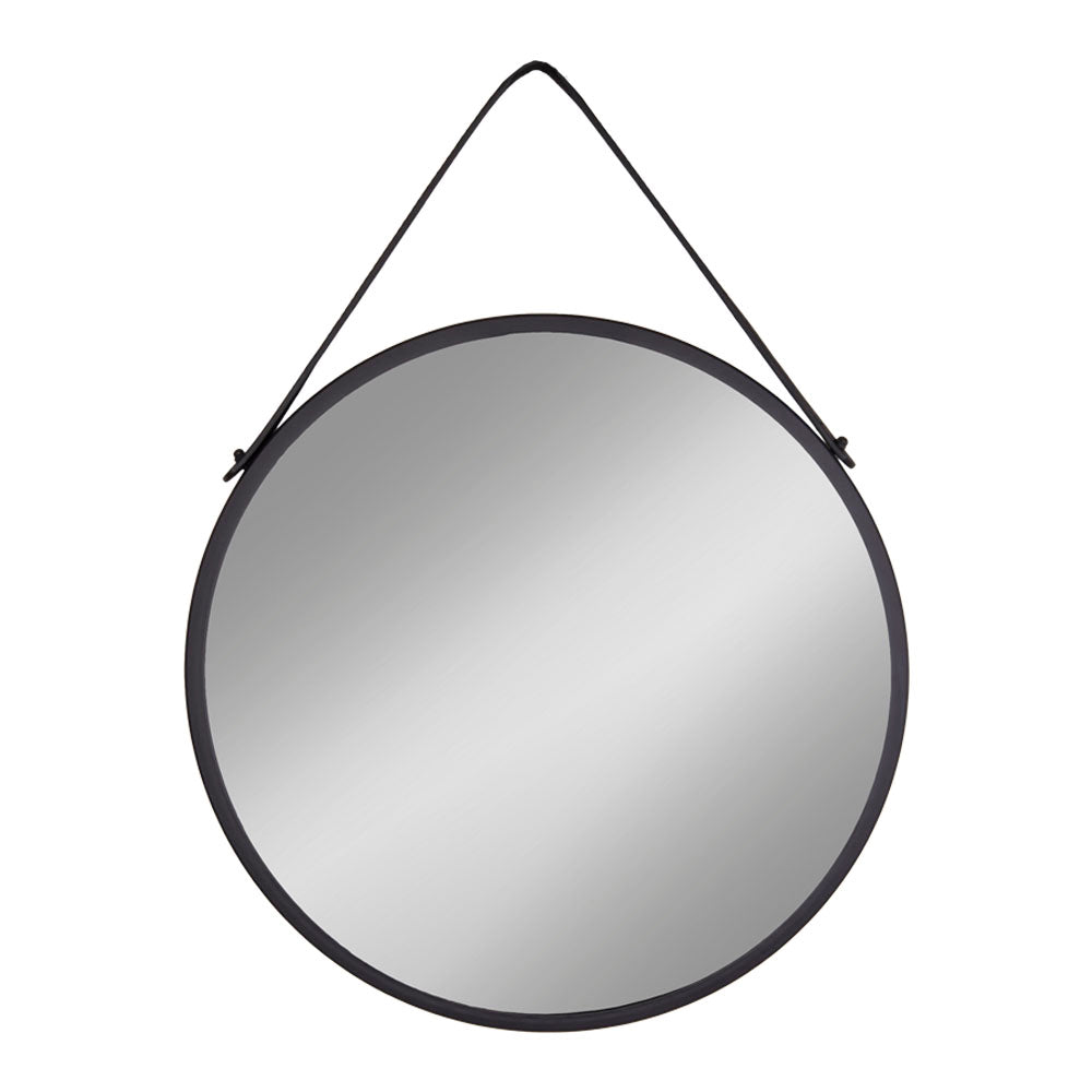 Se Trapani Spejl - Spejl i stål med kunstlæder strop, sort, Ø60 cm hos Billige Bolig Møbler