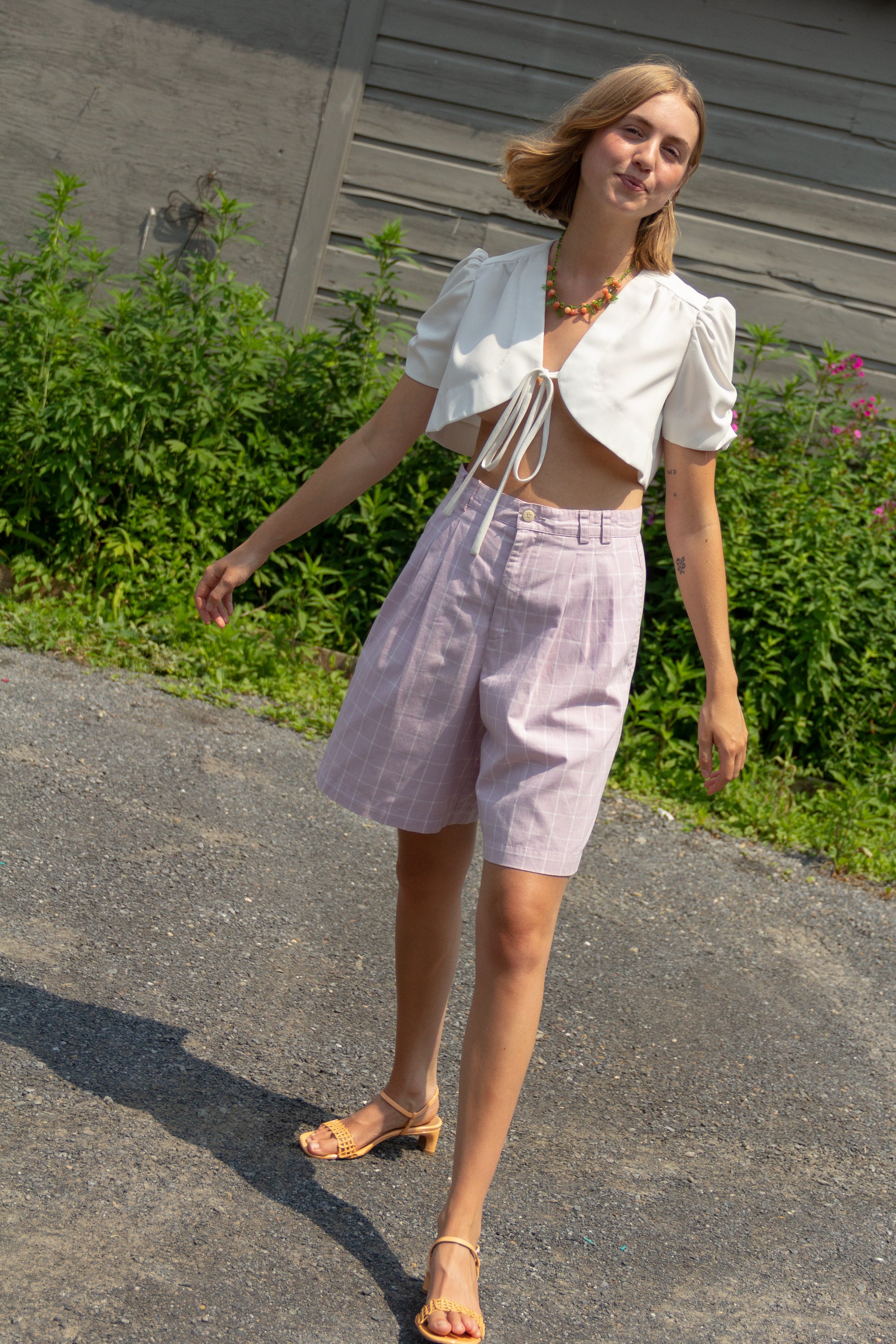 1980s Lilac Linen Windowpane Shorts | 6