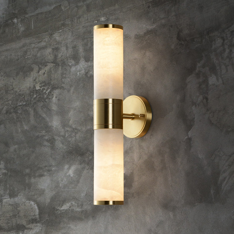 Minimalist Pillar Shaped Sconce Light Marble Bedside Wall Lamp Fixture in White and Brass