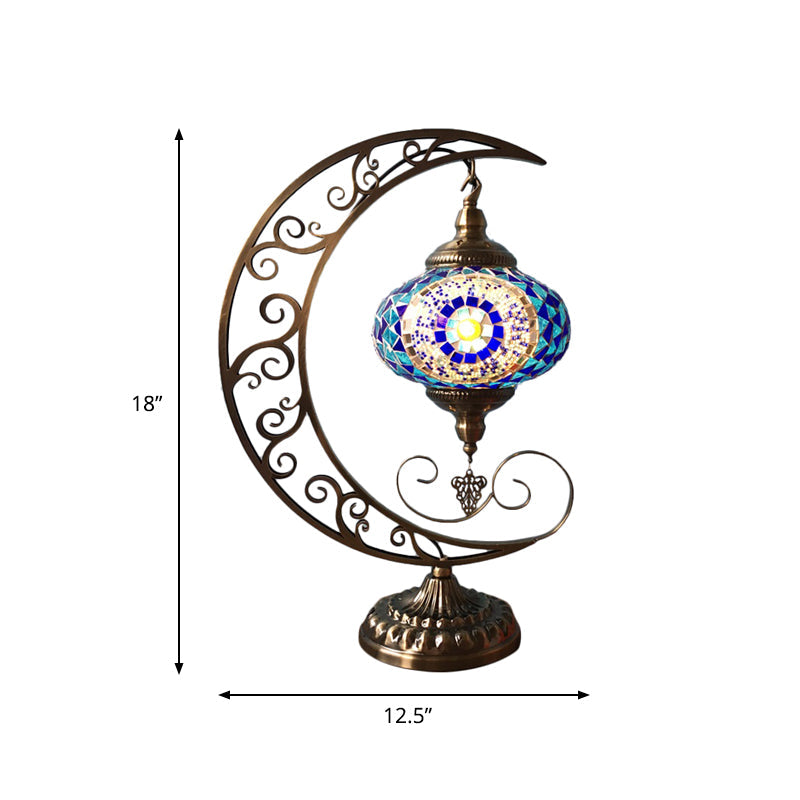 Blue Oval Table Light Decorative Stained Glass 1 Bulb Bedroom Night Lamp with Moon Shape Arm