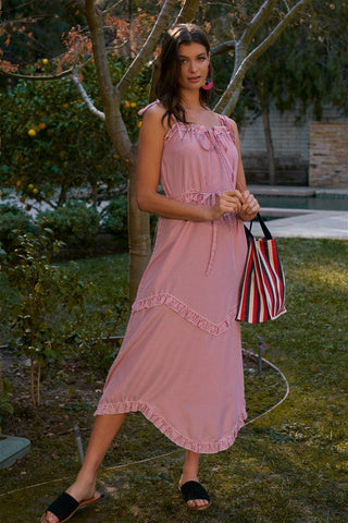 red-striped-sleeveless-ruffle-trim-midi-dress