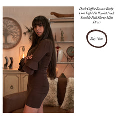 Dark Coffee Brown Body-Con Tight Fit Round Neck Double Frill Sleeve Mini Dress