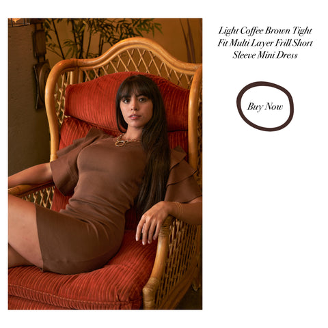 Dark Coffee Brown Body-Con Tight Fit Round Neck Double Frill Sleeve Mini Dress 1