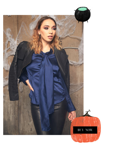 Wholesale halloween outfit - Pleather accompanied by a Victorian cut dark satin blouse