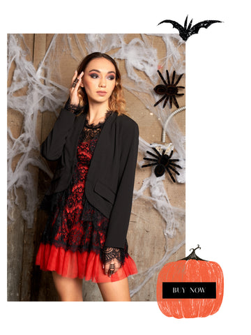 Wholesale halloween outfit - red lace dress and paired it with our black lace trim blazer front