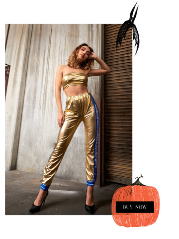 Halloween Wholesale outfit gold shiny metallic 2 piece set crop top side strip