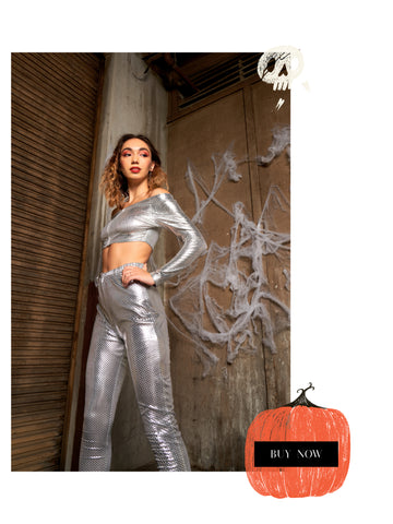 Halloween Wholesale outfit silver shiny metallic 2 piece set crop top