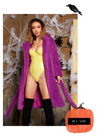 Halloween Wholesale Fashion Trends Purple Fury Coat and Yellow Bodysuit shiny