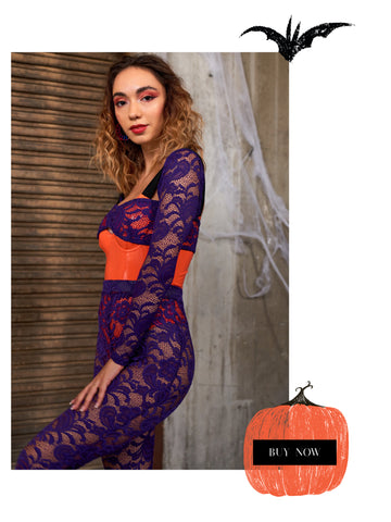 Halloween Wholesale Fashion Trends Purple 2 piece set and orange bodysuit zoom