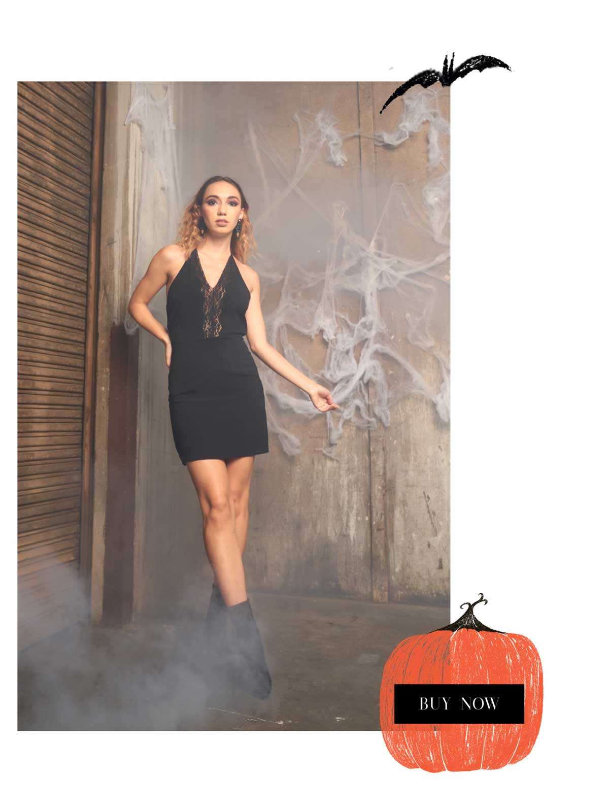 Wholesale halloween outfit - black-halter-neck-lace-trim-bodycon-mini-dress
