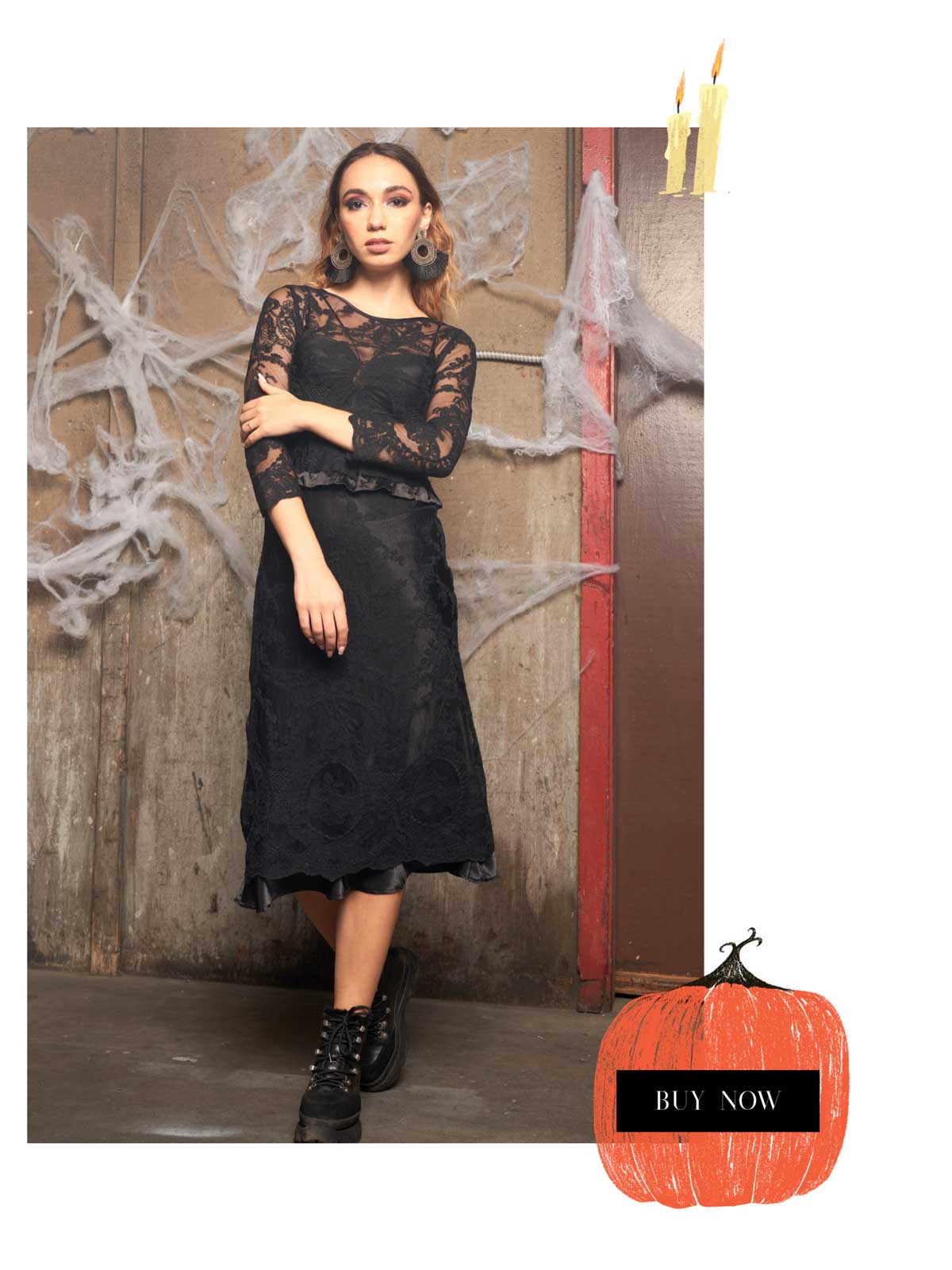 Wholesale halloween outfit - black satin midi dress with this beautiful sheer lace overall dress