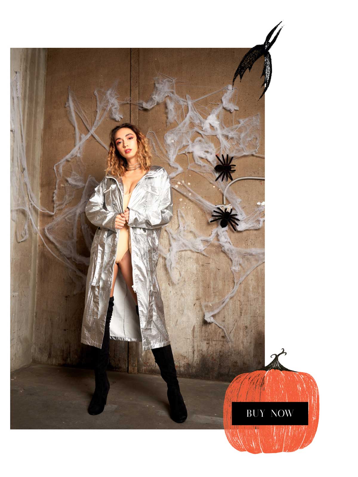 Halloween Wholesale Fashion Trends silver shiny metallic long coat jacket cream bodysuit