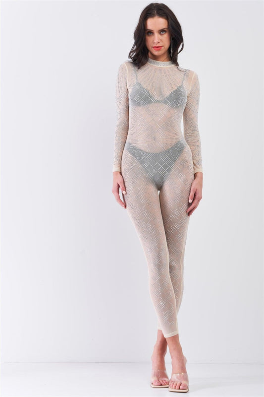 See Through Mesh Bodysuit For Women Sexy Nude Mock O-neck Long