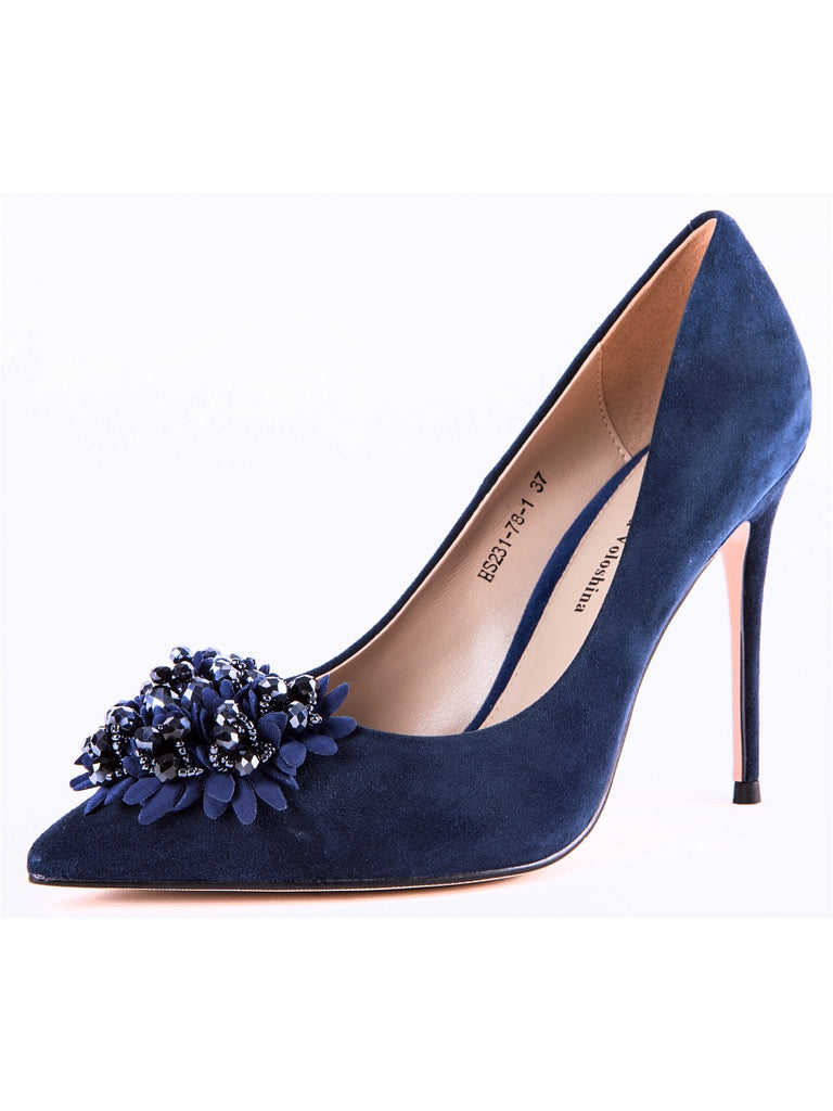 blue suede high heels