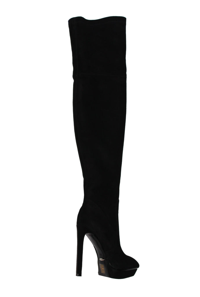 black suede knee high boots with heel