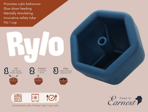 Benefits of the rylo.  A graphic showing the benefits. Fill, Freeze & Play. Rylo is easy to fill and a fun interactive toy for your dog. Dishwasher safe & Freezer safe.