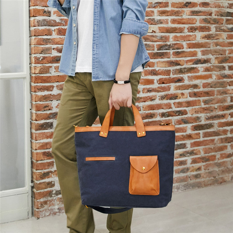 Canvas Leather Mens 14' Caramel Briefcase Bag Tote Shoulder Bag Green Tote Bag for Men