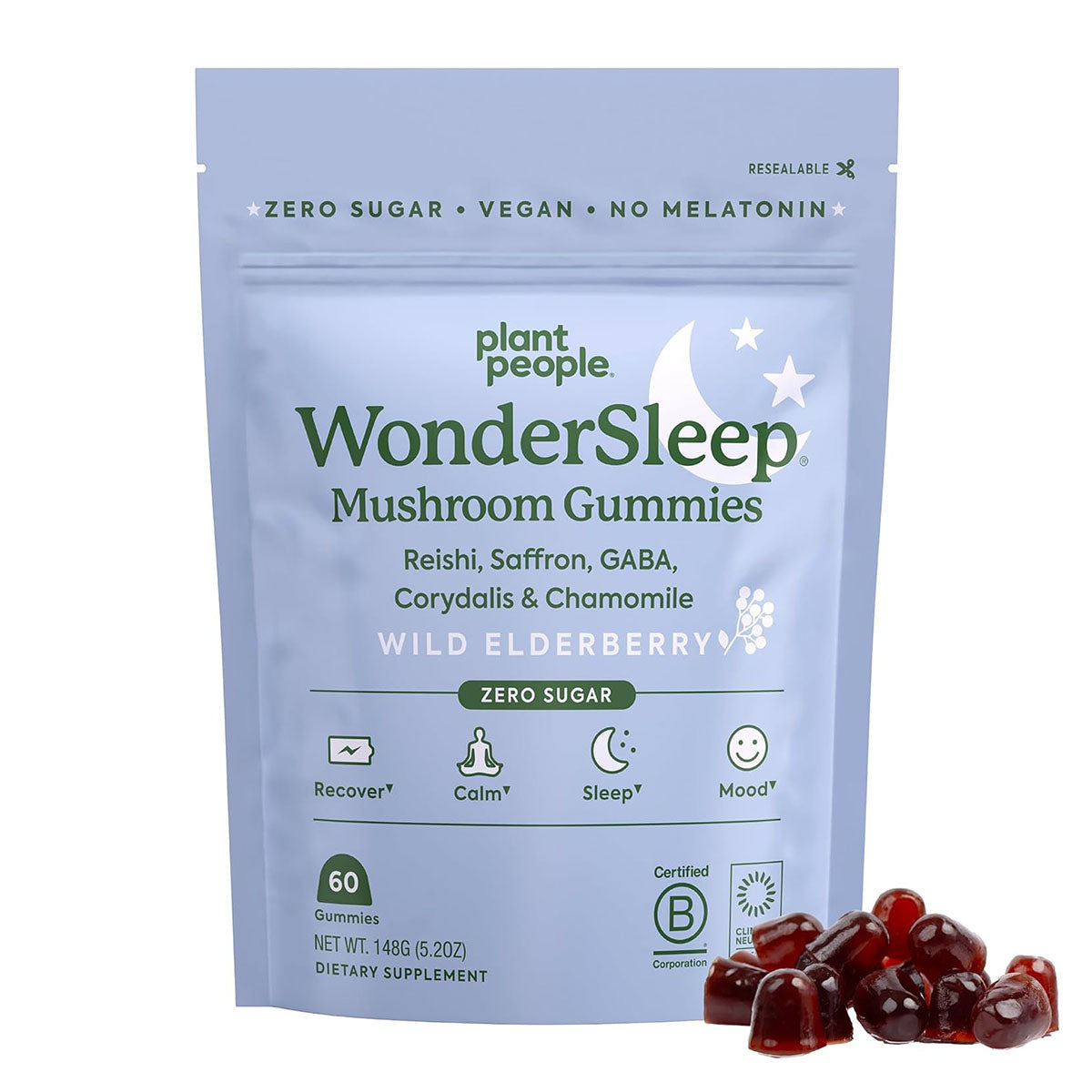 A bag of Plant People WonderSleep mushroom gummies, with more than a dozen reddish gummies piled in front.