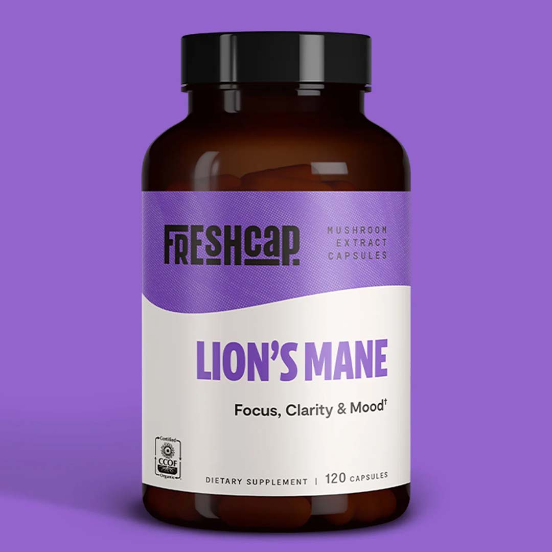 Bottle of lion's mane capsules from FreshCap Mushrooms