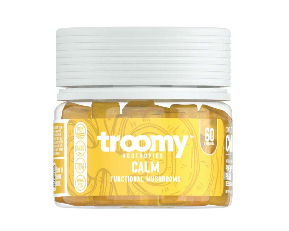 a small yellow jar of Troomy Nootropics Calm Functional Mushroom Gummies