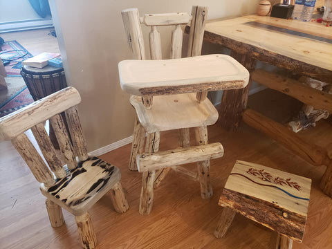 log kids char, stool, and highchair