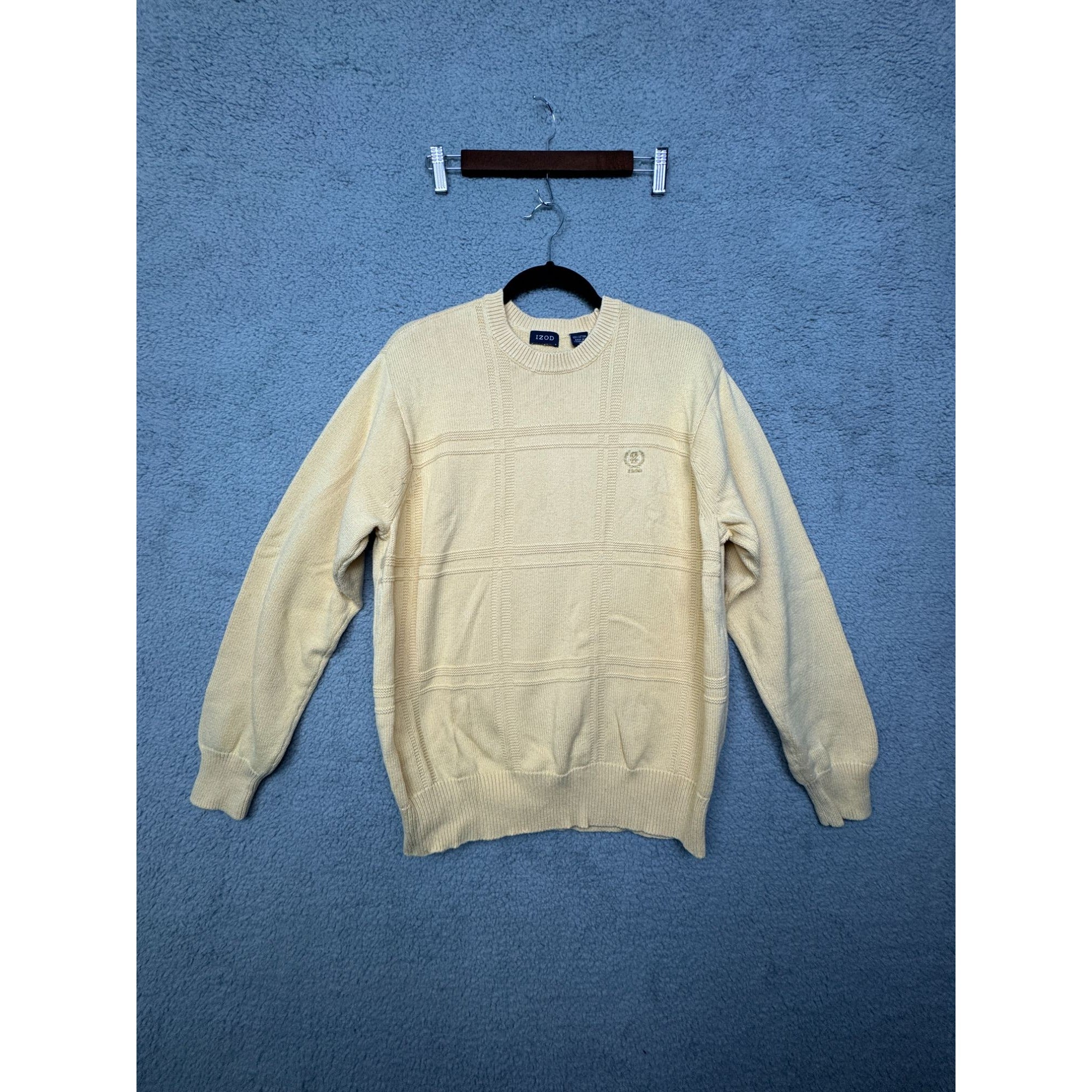 IZOD Sweater Mens Mustard Yellow Square Knit Long Sleeve Golf Pullover- Sz L - U0091