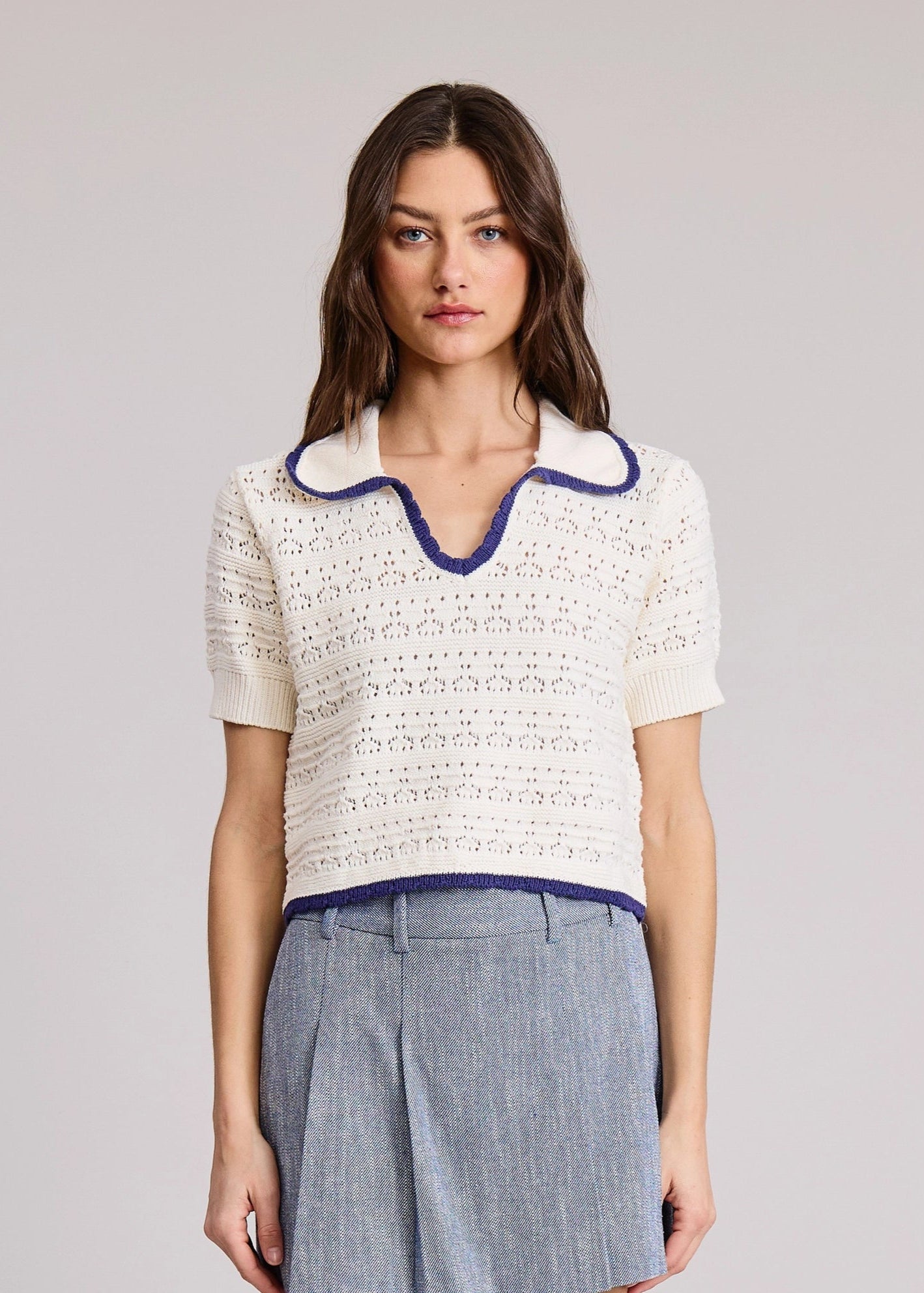 Young Polo Knit S/S Sweater Top- White/Navy