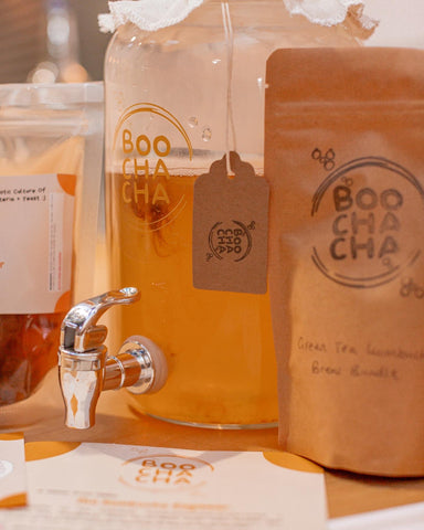Complete kombucha starter kit from boochacha in action, with baby scoby floating around in fresh batch of cool sweet tea, in beautifully branded fermentation vessel - boochacha
