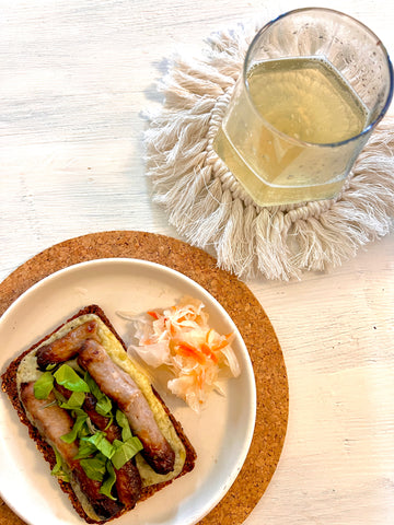Delicious looking brunch served up with sparkling glass of raw, natural, fresh kombucha - boochacha